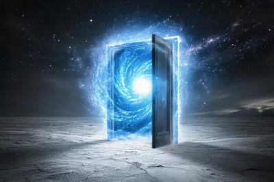 Glowing Cosmic Portal Doorway In A Barren Desert Landscape