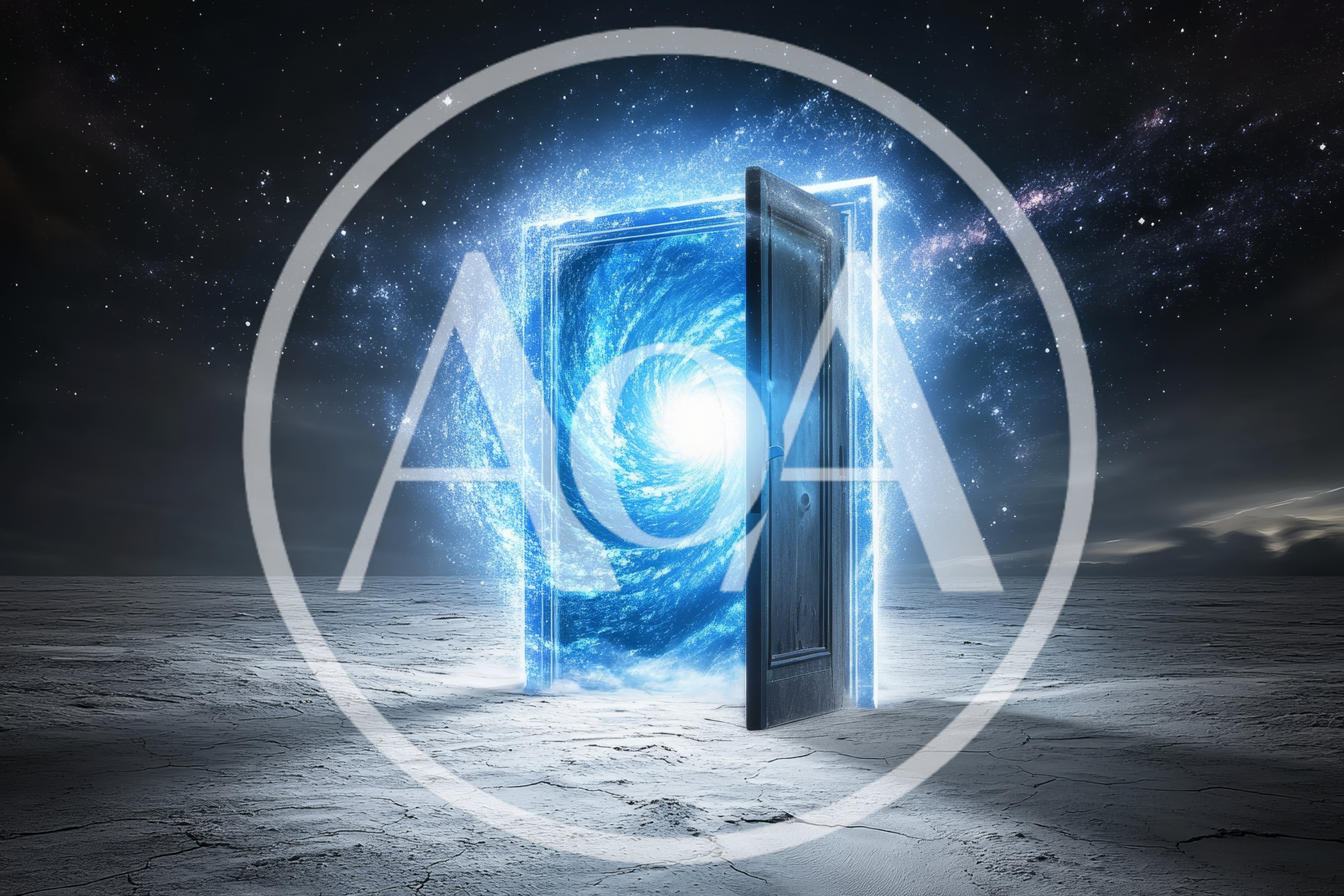 Glowing Cosmic Portal Doorway In A Barren Desert Landscape