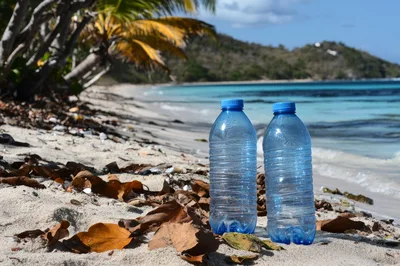 Two Plastic Water Bottles On A Polluted Tropical Beach