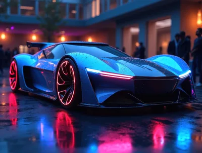 Futuristic Blue Sports Car With Glowing Red Wheels