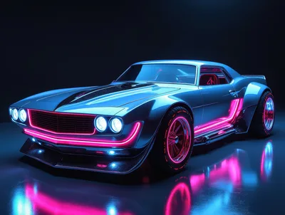 Neon Cyberpunk Muscle Car In Dark Studio