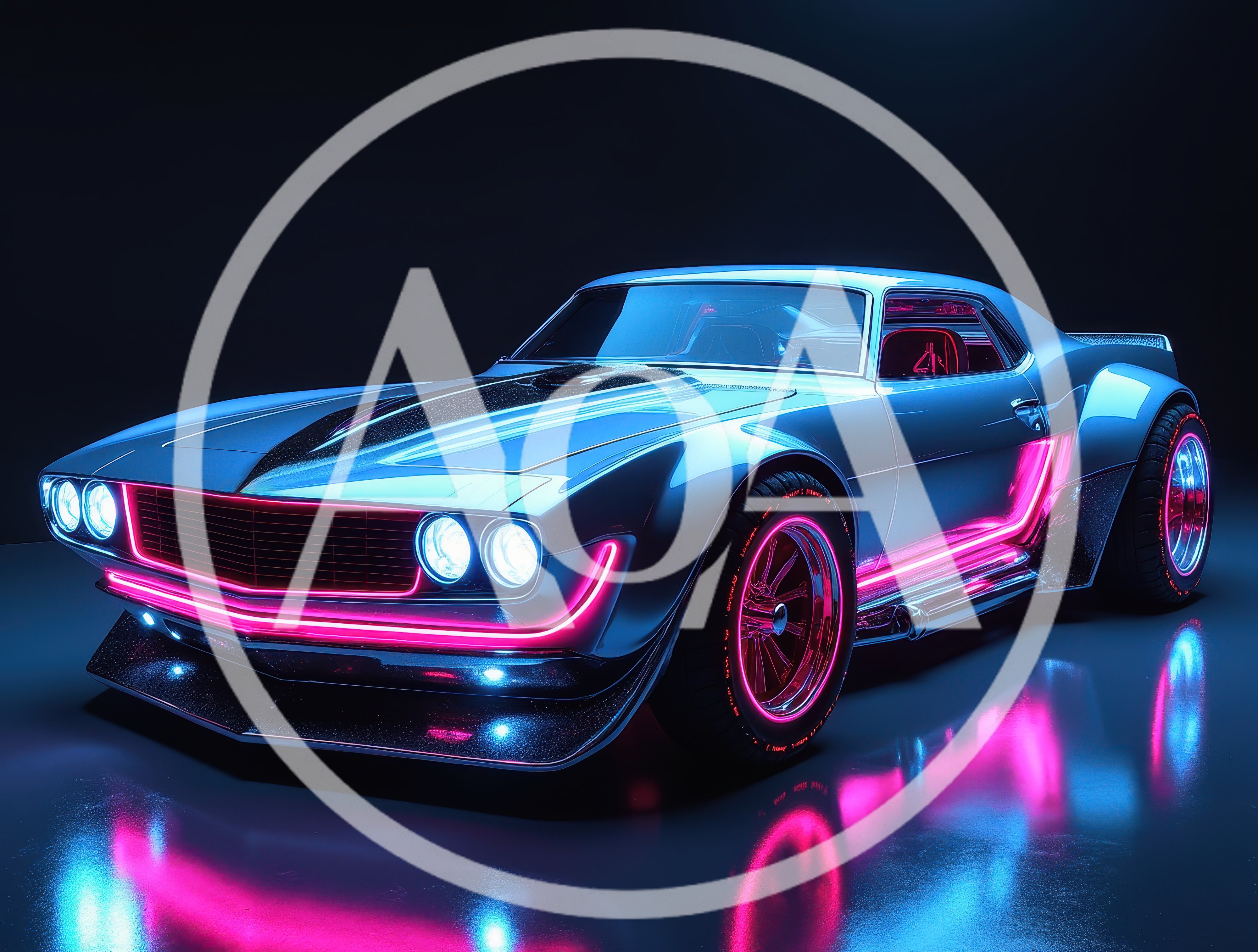 Neon Cyberpunk Muscle Car In Dark Studio