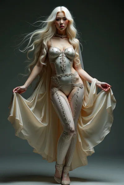 Elegant Woman In Ornate Cream Bodysuit And Flowing Cape