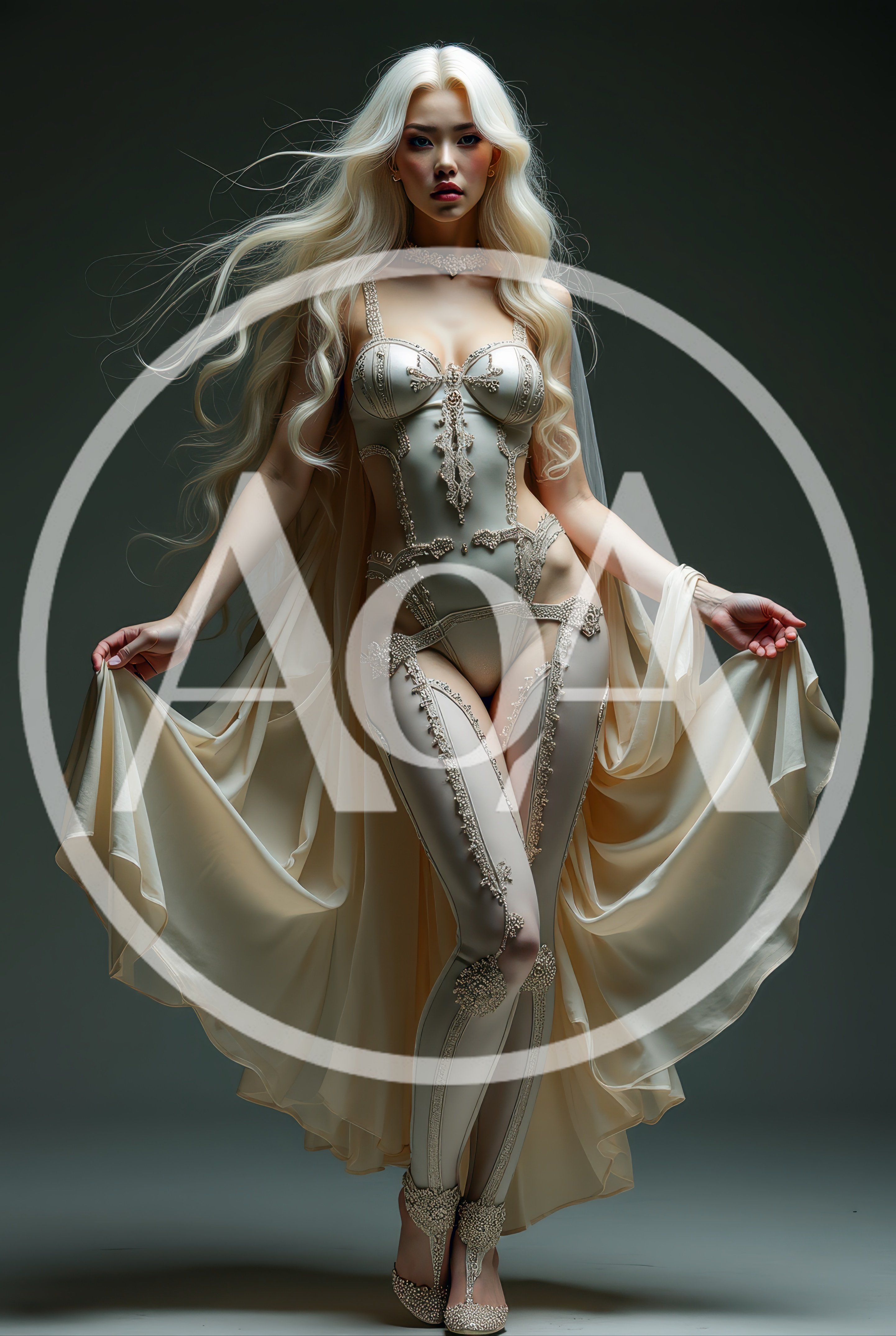 Elegant Woman In Ornate Cream Bodysuit And Flowing Cape