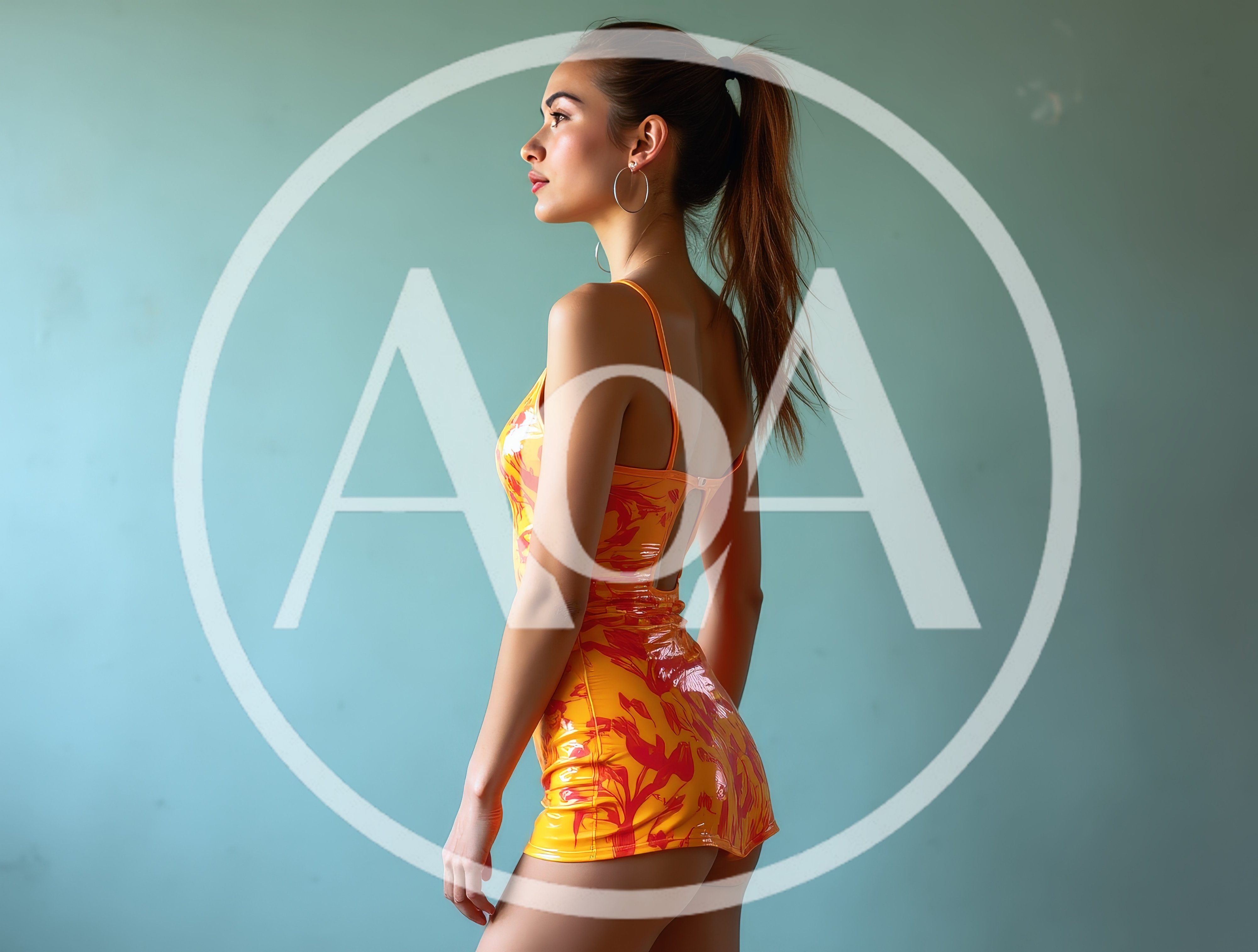 Young Woman Posing In Orange Patterned Vinyl Bodysuit