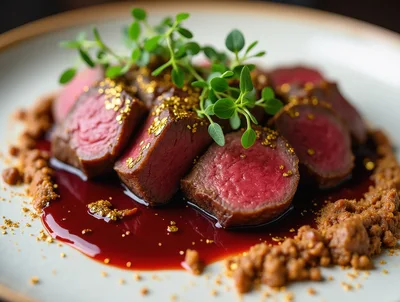 Gourmet Sliced Beef Tenderloin With Gold Leaf Garnish