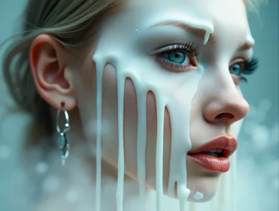 Close Up Portrait Of Woman With White Liquid Drips