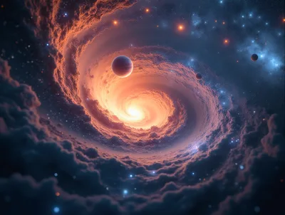 Spiral Galaxy With Planets And Glowing Nebula Clouds