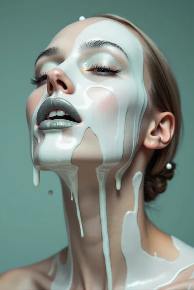 Portrait Of A Woman With White Liquid Drip Makeup