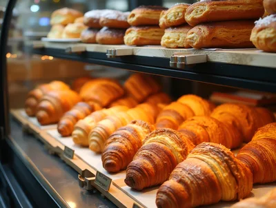 Freshly Baked Croissants And Pastries In Bakery Display Case