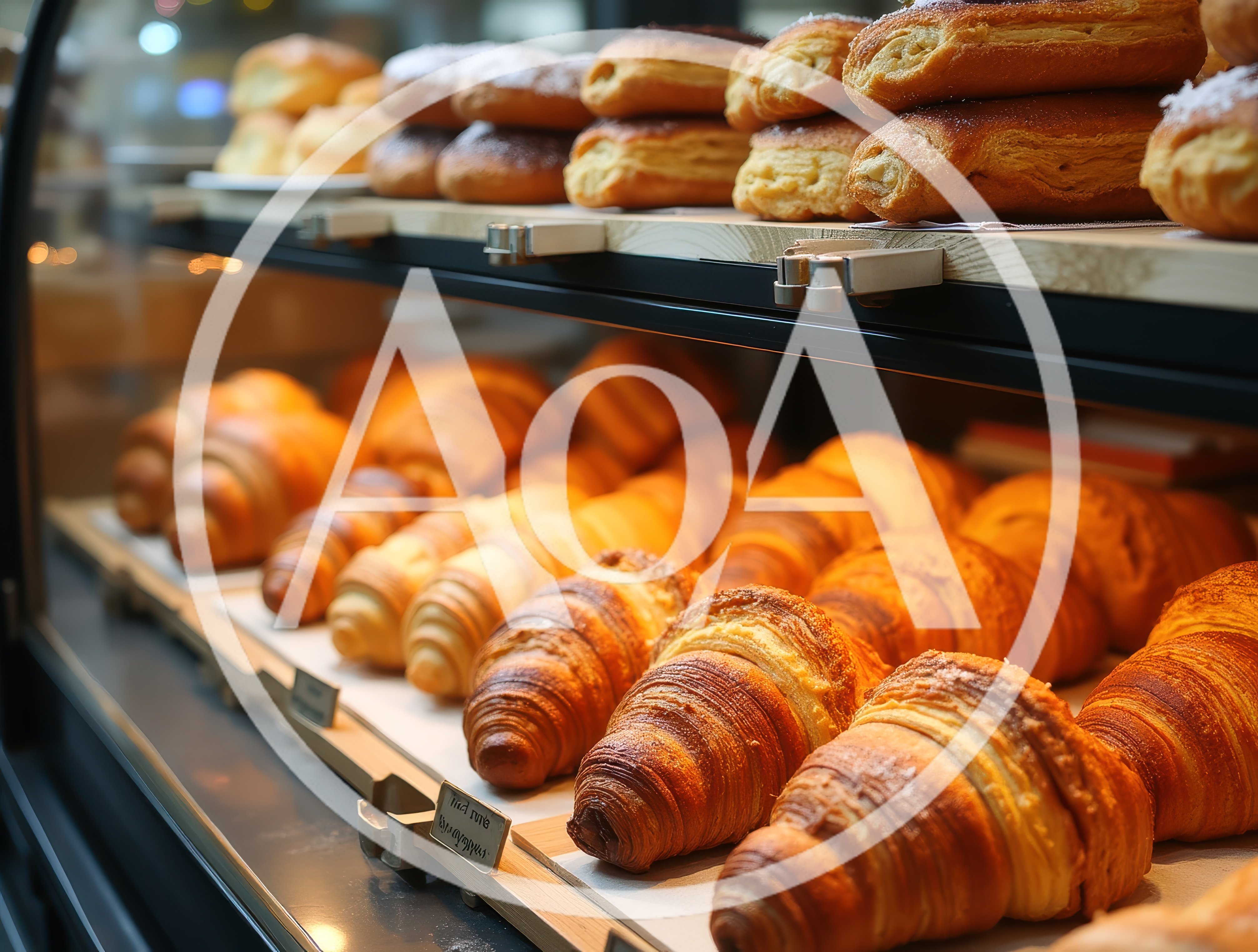 Freshly Baked Croissants And Pastries In Bakery Display Case
