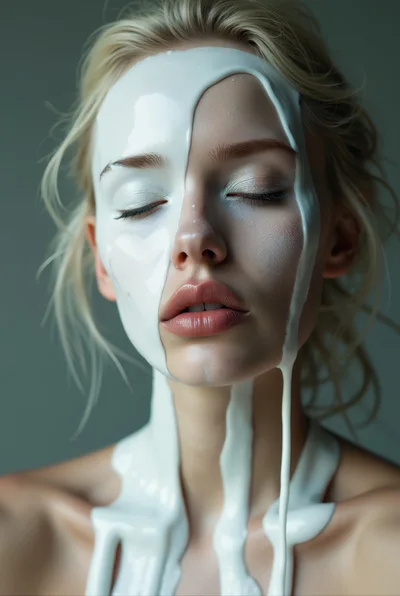 Woman With White Liquid Covering Her Face