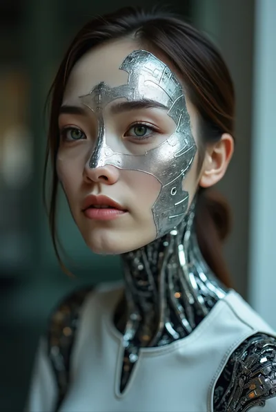 Portrait Of A Female Cyborg With Metallic Facial Plating