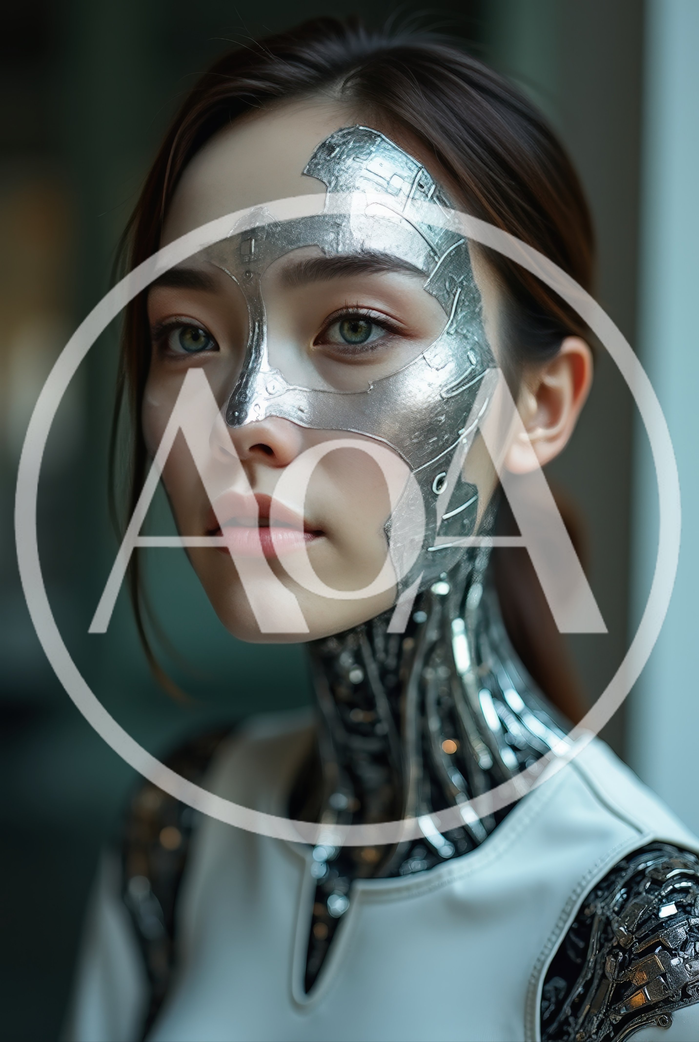 Portrait Of A Female Cyborg With Metallic Facial Plating