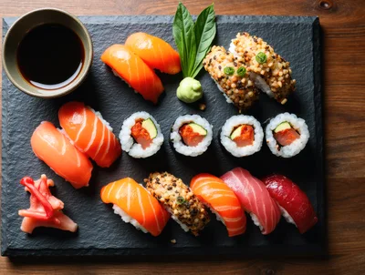 Assorted Sushi Platter On A Slate Serving Board