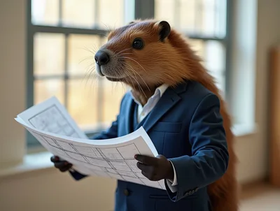 Anthropomorphic Beaver Businessman Reviewing Architectural Blueprints