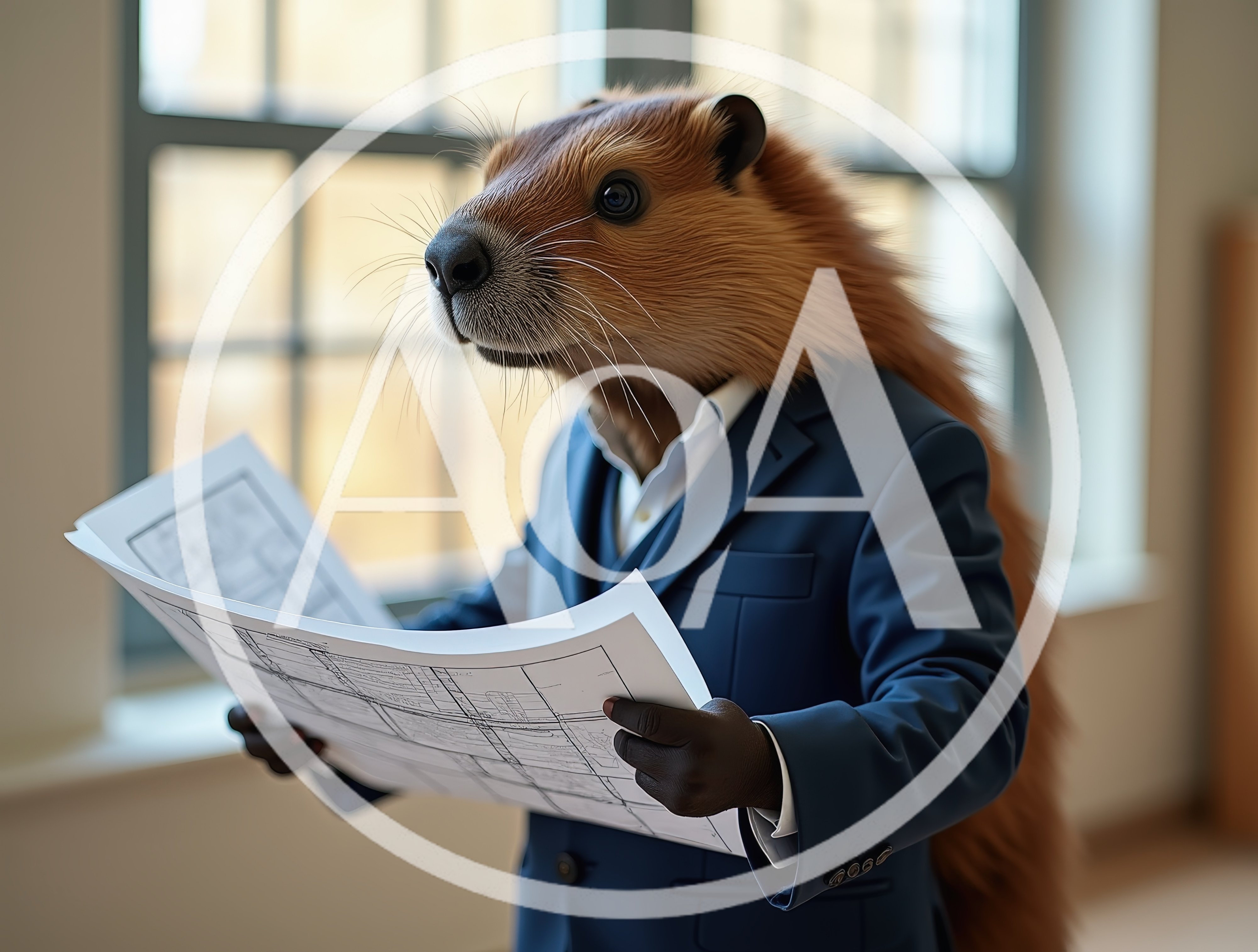 Anthropomorphic Beaver Businessman Reviewing Architectural Blueprints