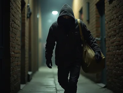 Hooded Figure Walking Through A Dark Urban Alleyway