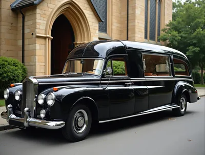Vintage Black Hearse Parked Outside A Stone Church