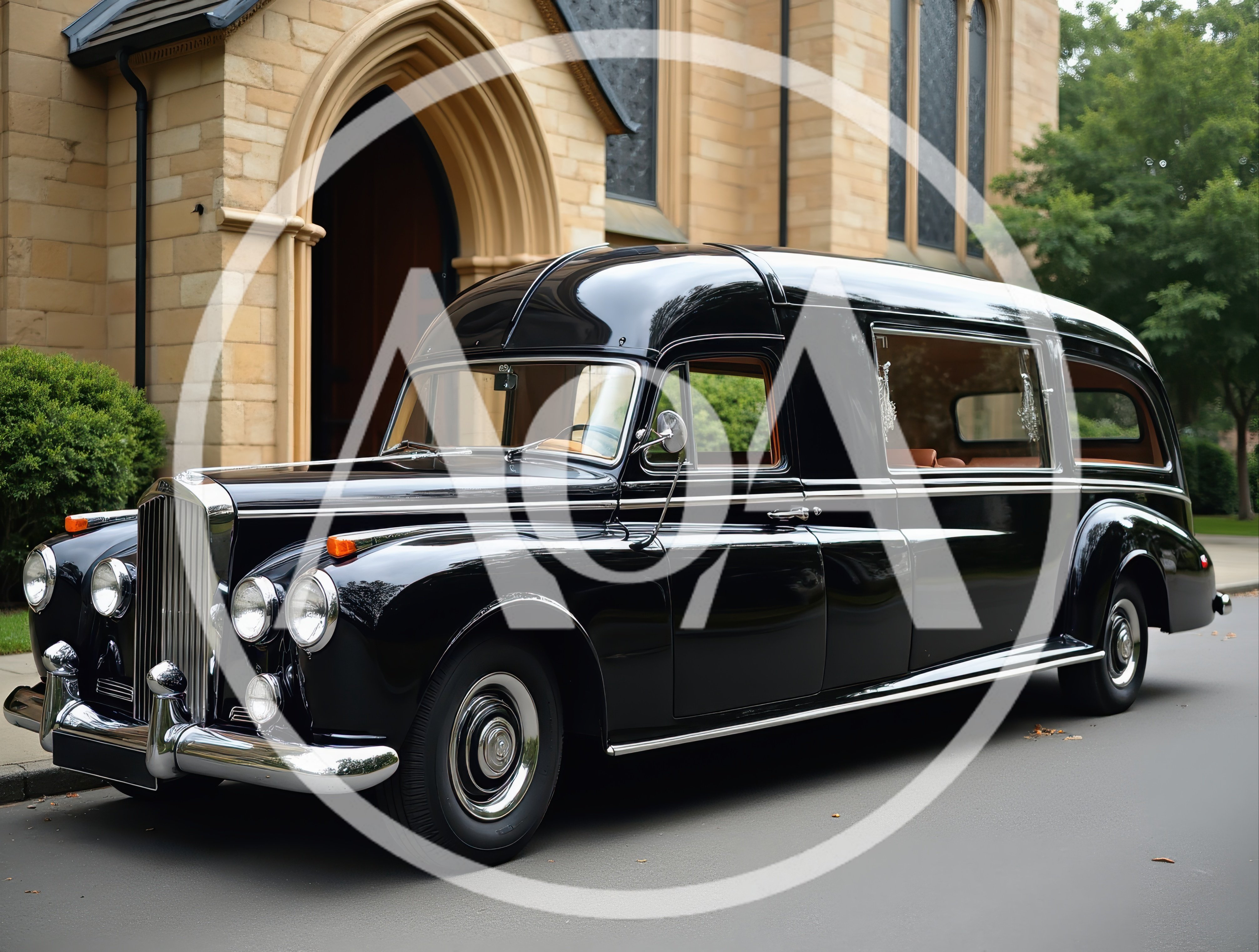 Vintage Black Hearse Parked Outside A Stone Church