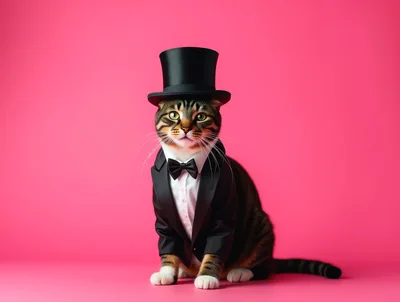 Dapper Tabby Cat Wearing Top Hat And Tuxedo