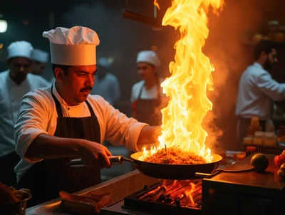 Professional Chef Cooking With Flames In Restaurant Kitchen