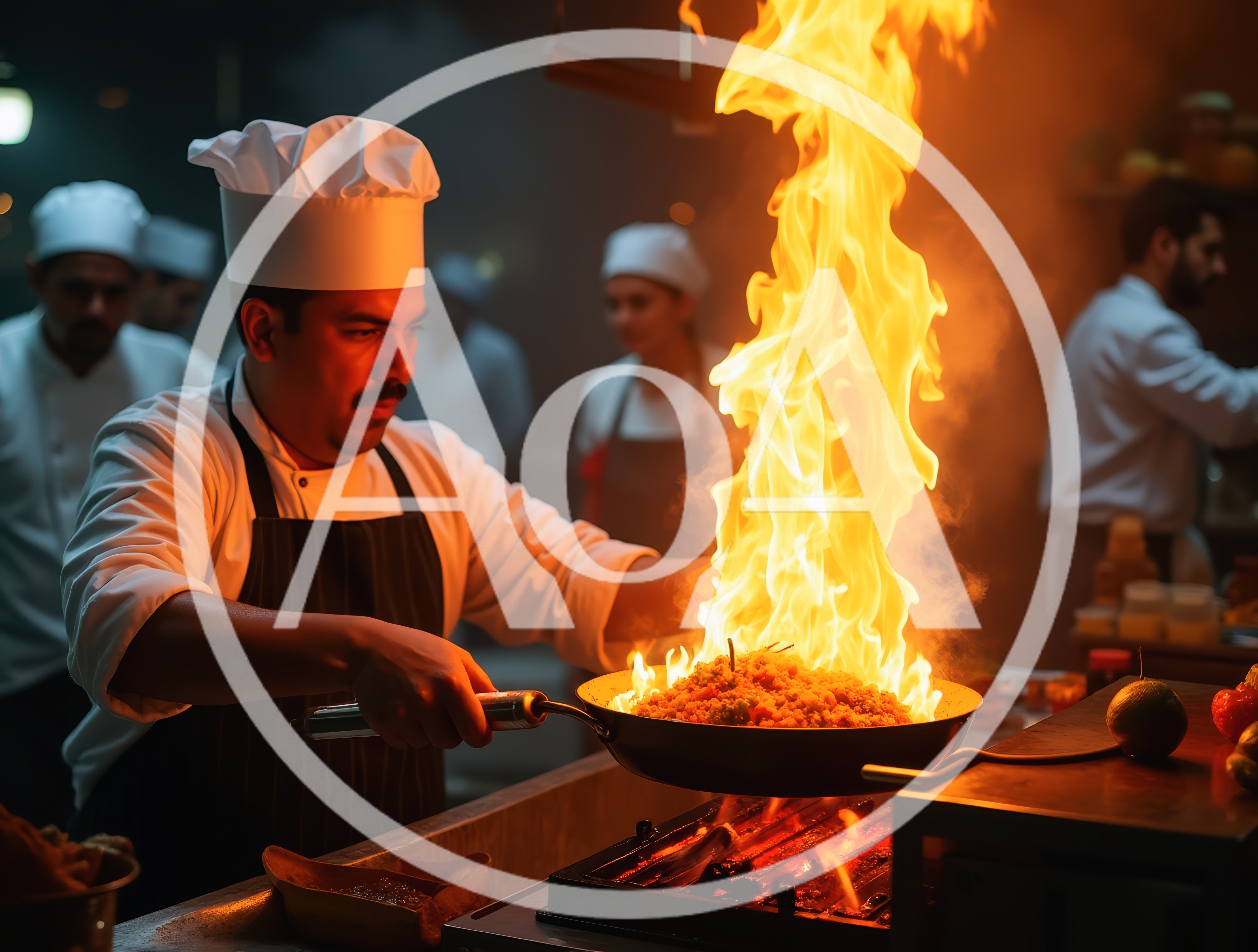 Professional Chef Cooking With Flames In Restaurant Kitchen