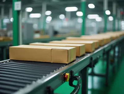 Cardboard Boxes Moving Along An Automated Factory Conveyor Belt