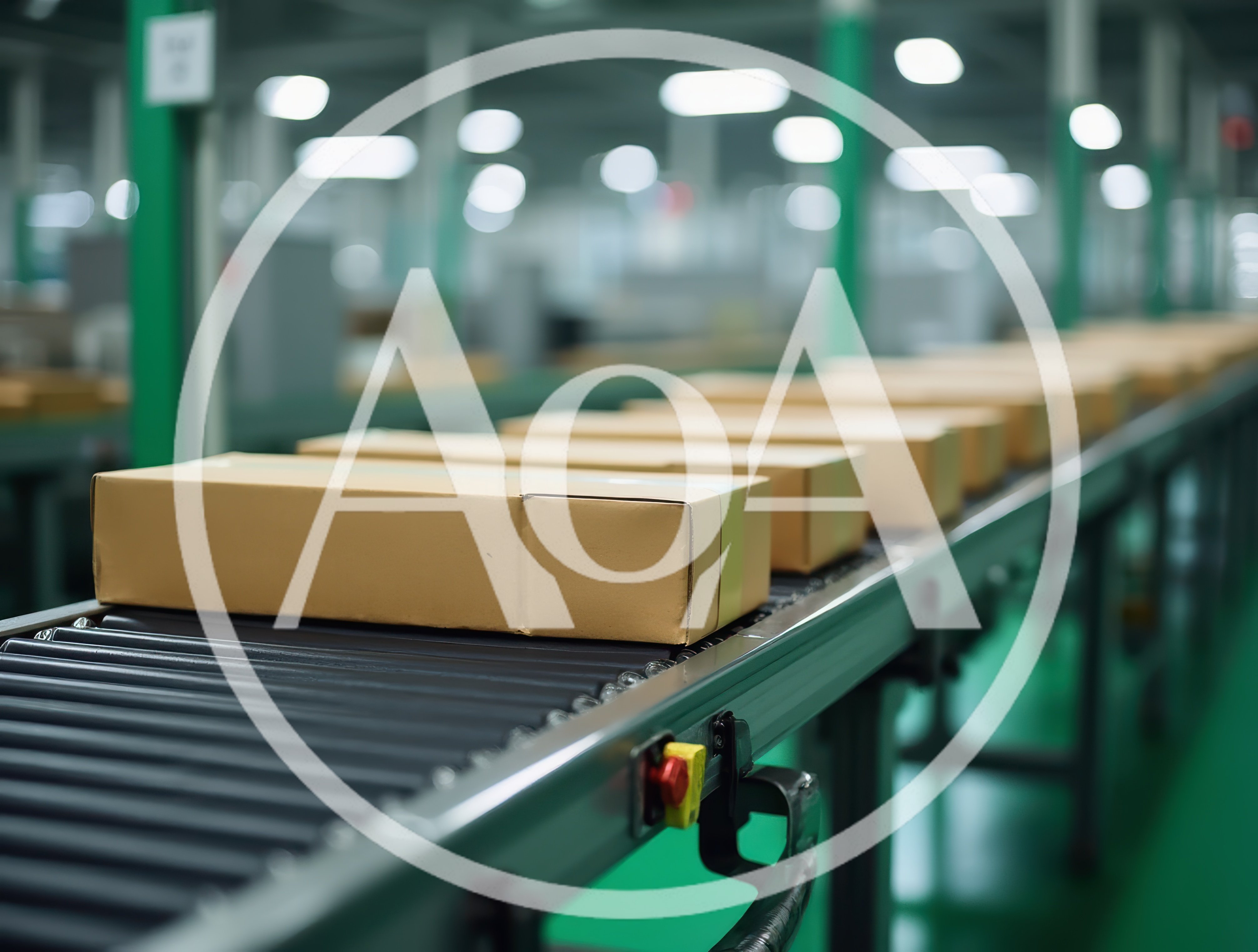 Cardboard Boxes Moving Along An Automated Factory Conveyor Belt