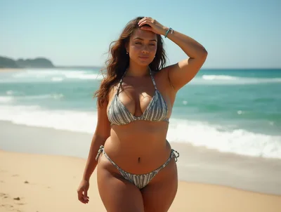 Curvy Woman Walking Along A Sunny Tropical Beach