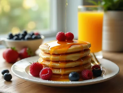 Stack Of Pancakes With Syrup And Fresh Berries