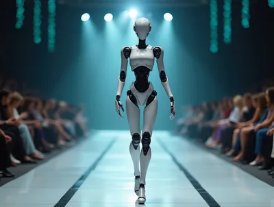 Futuristic Humanoid Robot Walking On A Fashion Runway