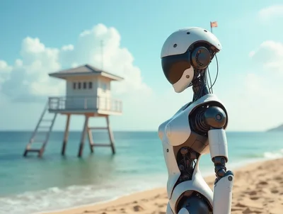 Futuristic Android Standing On A Sunny Tropical Beach
