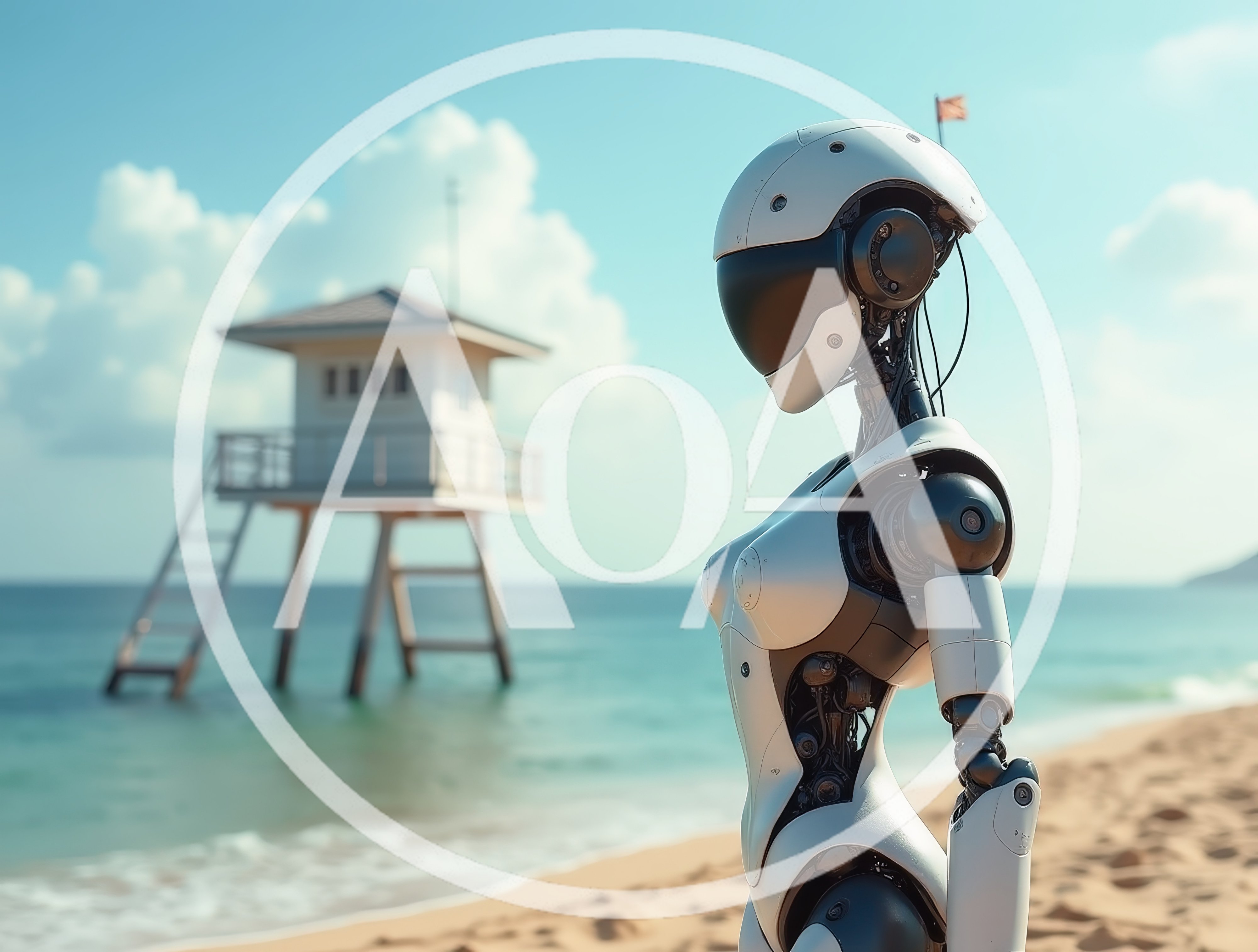 Futuristic Android Standing On A Sunny Tropical Beach