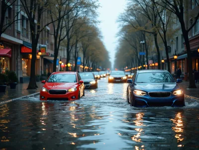 Cars Driving Through Flooded City Street