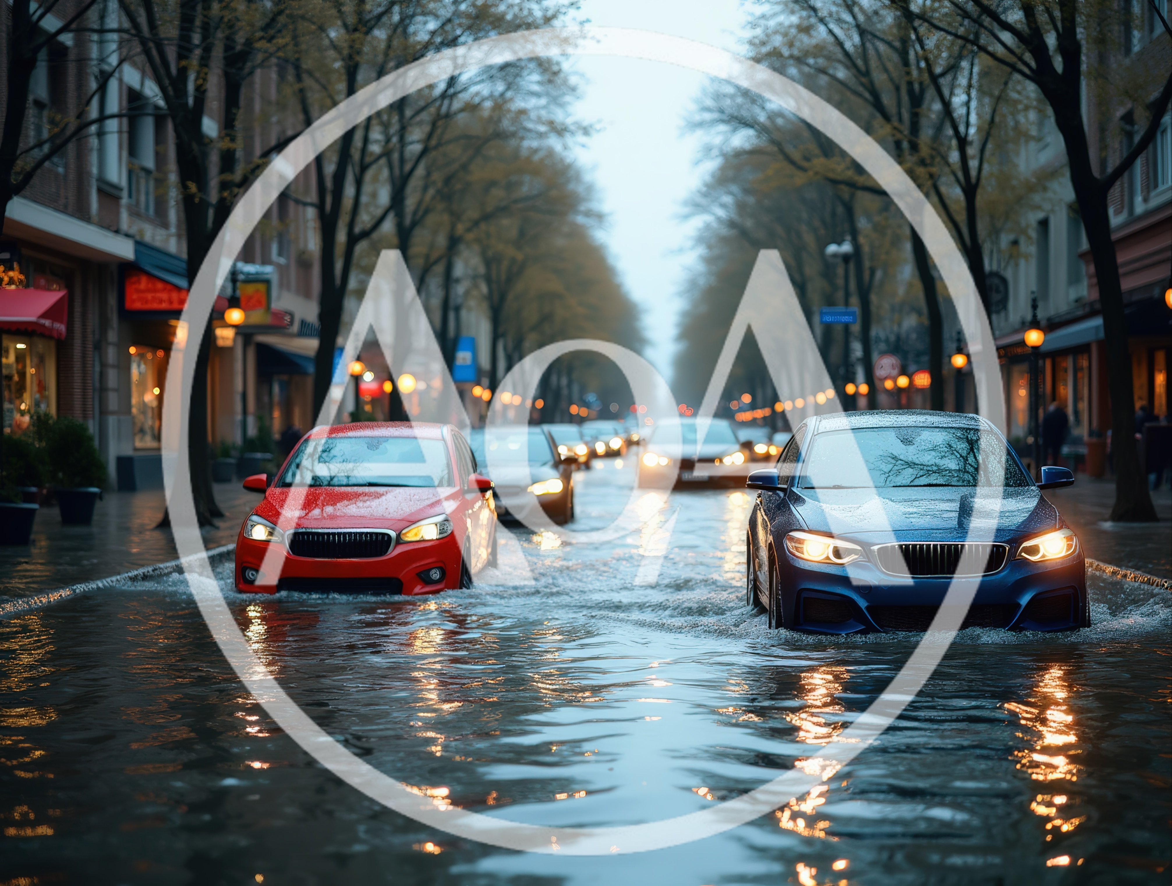 Cars Driving Through Flooded City Street