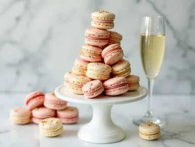 Stack of Pink Macarons with Champagne Flute