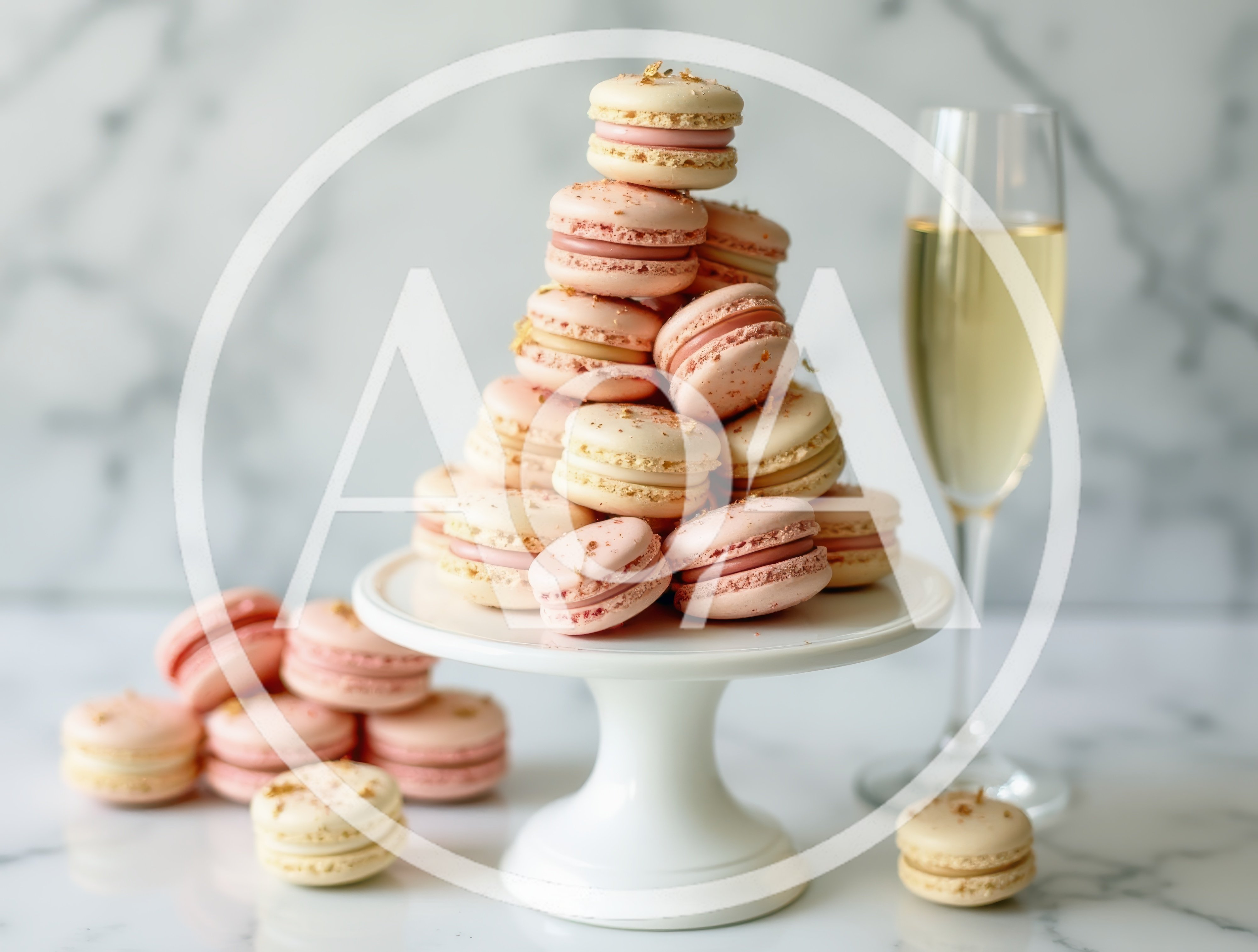 Stack of Pink Macarons with Champagne Flute
