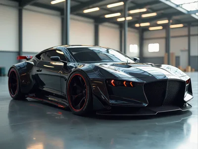 Custom Black Sports Car in Industrial Warehouse
