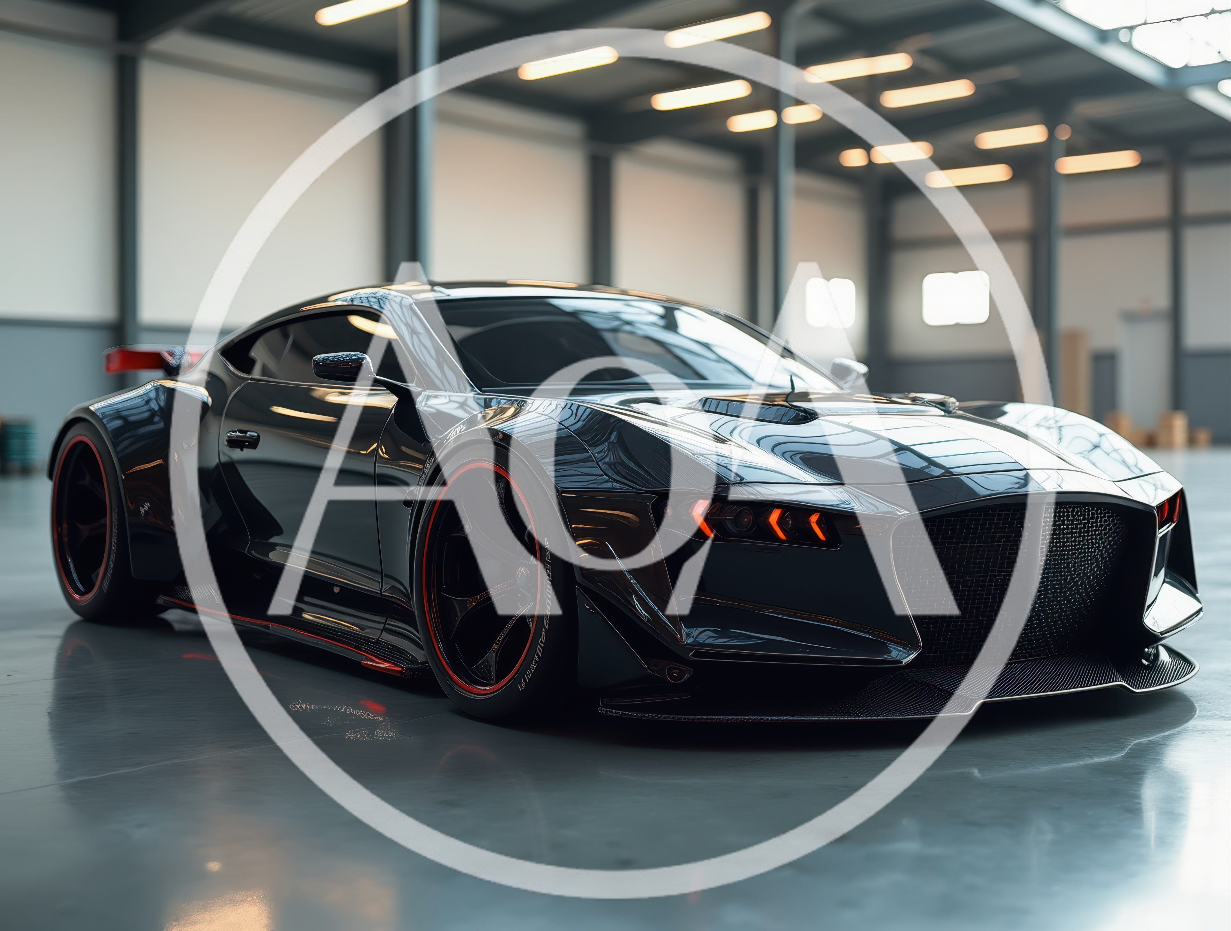 Custom Black Sports Car in Industrial Warehouse