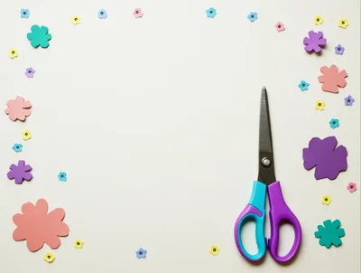 Craft Scissors With Paper Flowers On White Background