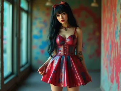 Young Woman in Red Corset Dress Standing in Hallway