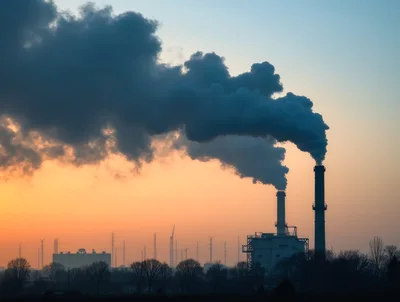 Industrial Power Plant Smokestacks Emitting Thick Smoke