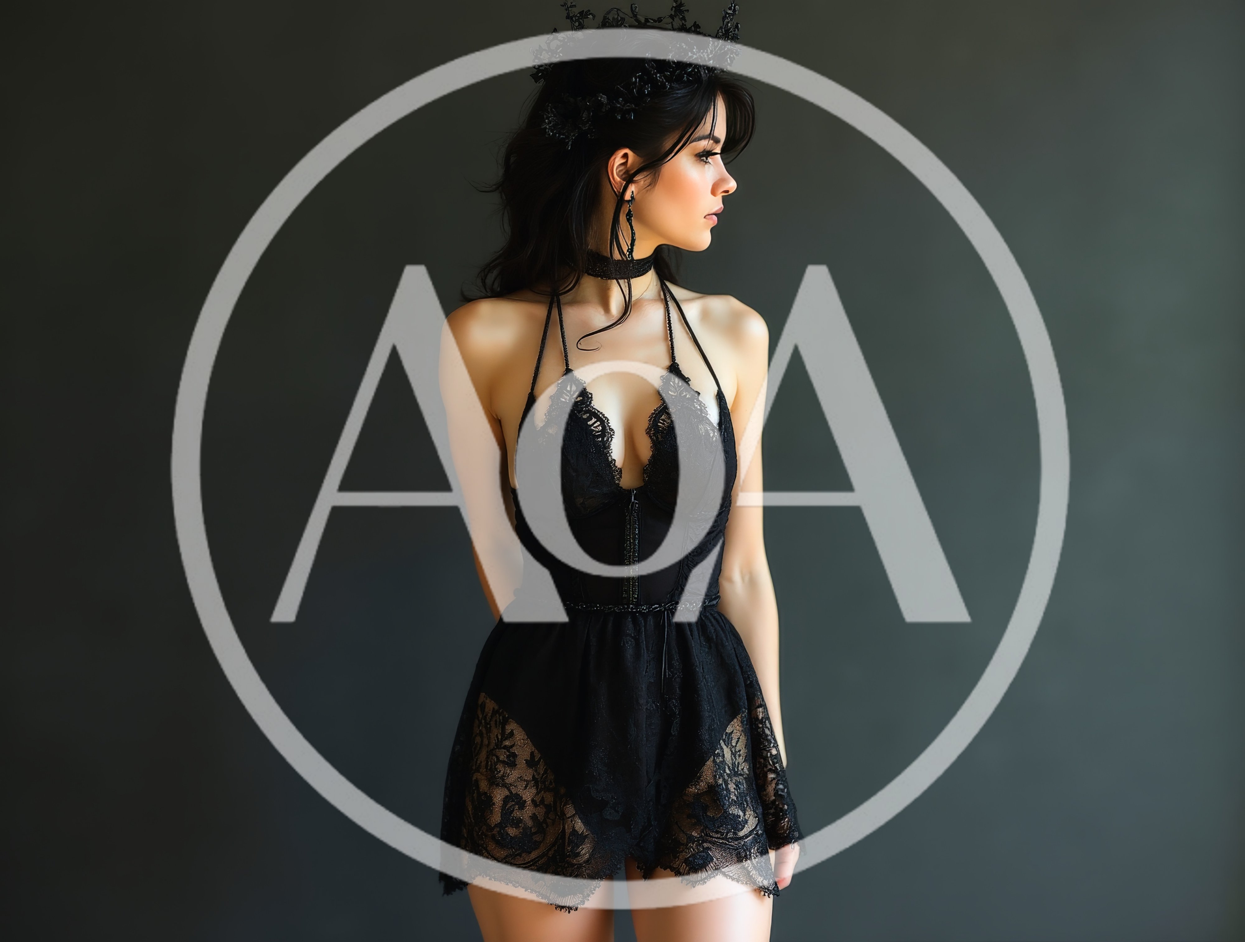 Gothic Woman In Black Lace Lingerie And Crown