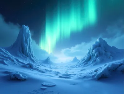 Arctic Landscape With Aurora Borealis Over Snowy Mountains