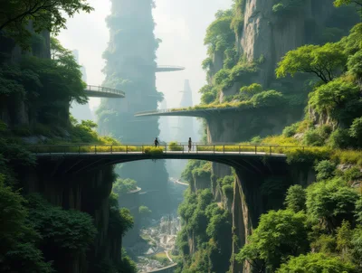 Futuristic Bridge Connecting Lush Mountain Peaks