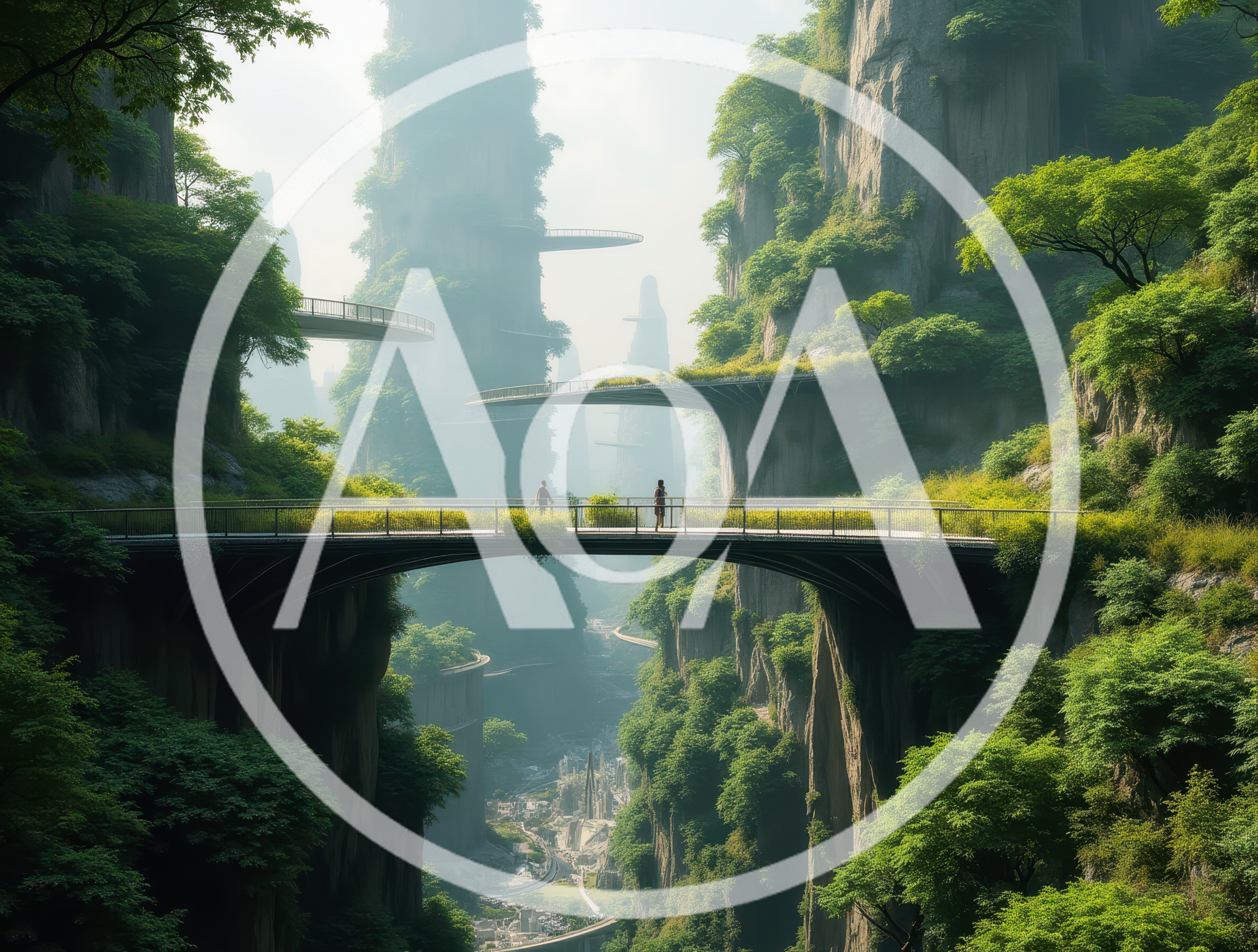 Futuristic Bridge Connecting Lush Mountain Peaks