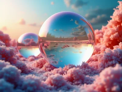 Two Glass Spheres Resting On Pink Textured Clouds