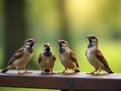 Four Sparrows Perched Together On A Wooden Railing