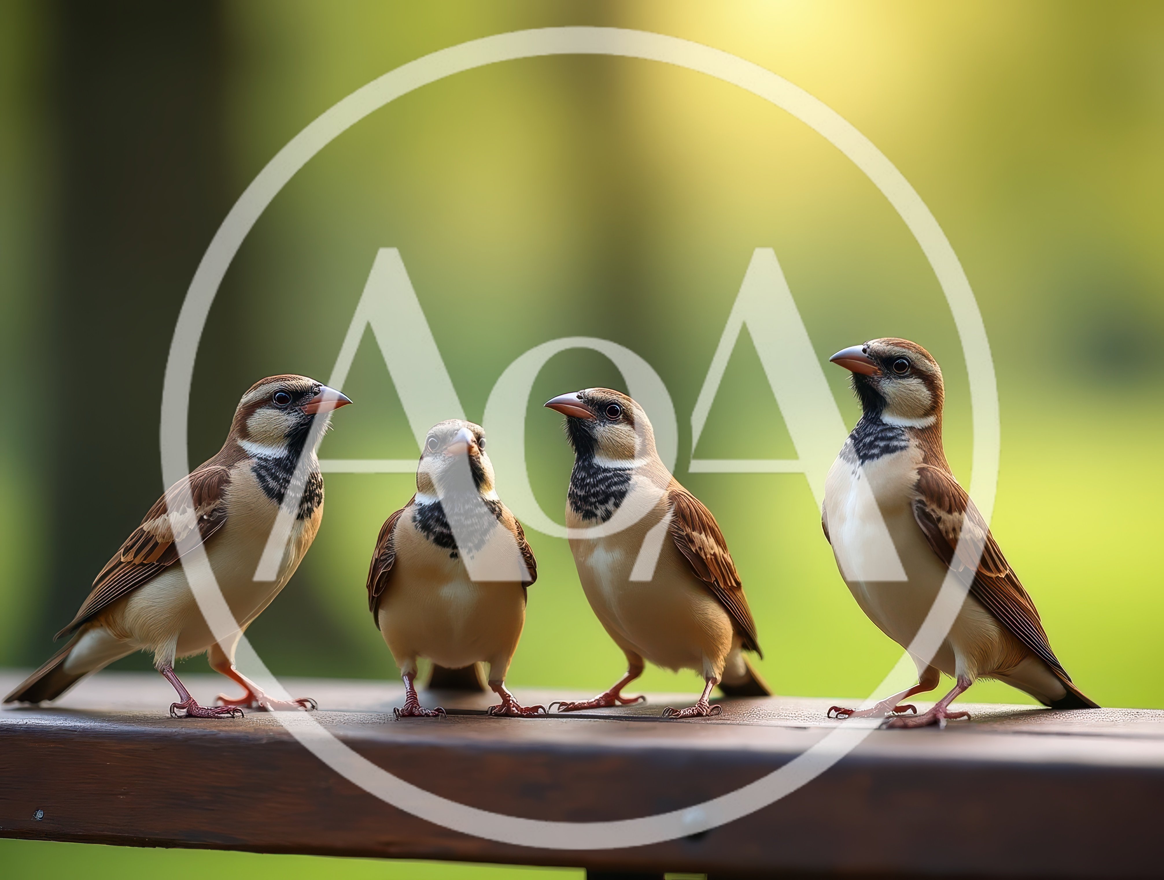 Four Sparrows Perched Together On A Wooden Railing